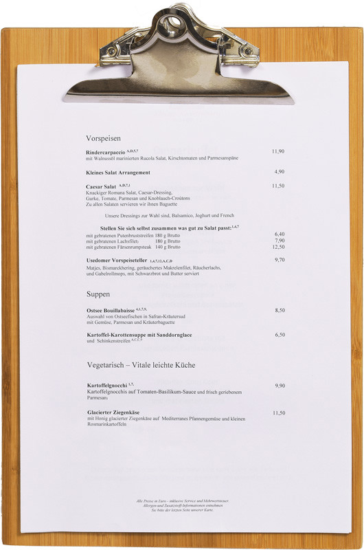 Speisekarte Klemmbrett Holz A4 mit Lederschlaufe